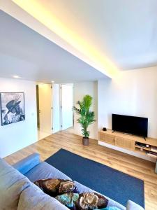 a living room with a couch and a flat screen tv at Loft City Center Viana in Viana do Castelo