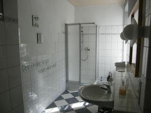 a bathroom with a sink and a shower at Moselurlaub im Ferienweinhaus Koch in Neumagen-Dhron