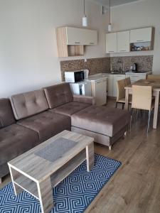 a living room with a brown couch and a table at Apartament Perła Bałtyku in Grzybowo