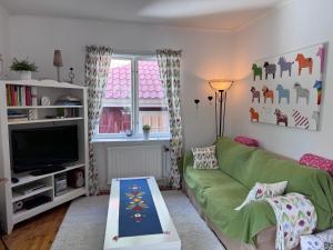 a living room with a green couch and a tv at Sommerhaus Luisa in Vimmerby