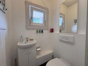 a bathroom with a sink and a toilet and a mirror at Sommerhaus Luisa in Vimmerby +29 photos