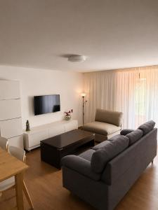 a living room with a couch and a tv at Casa do Carballo in Nigrán