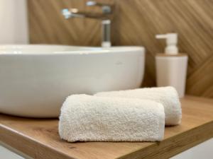 a bathroom with a sink and two towels on a counter at Leśny Reset in Imielnia +27 photos