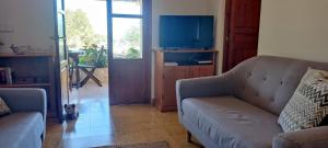 a living room with a couch and a tv at Finca Blanca Formentera in Sant Francesc Xavier