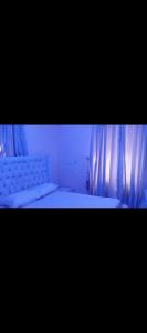 a bedroom with a bed with blue curtains at Fo1 Apartment in Karsana