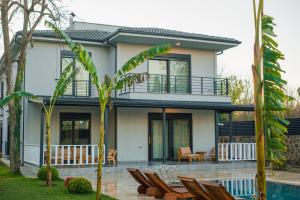 a house with a pool and chairs in front of it at Luku Villa in Sapanca