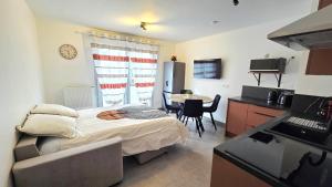 a small room with a bed and a kitchen at L'appartement de Maya in Saint-Priest