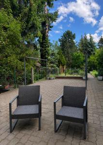 two chairs are sitting on a brick patio at Ruhiges Apartment Meerane in Meerane