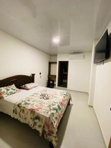 a bedroom with a bed and a flat screen tv at Hotel Colonial Sol y Luna in Paz de Ariporo
