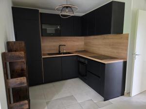 a kitchen with black cabinets and a sink at Appartement à Nailloux in Nailloux
