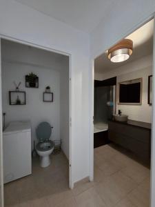 a bathroom with a toilet and a sink and a tv at Appartement à Nailloux in Nailloux