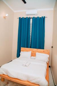 a bedroom with a bed with blue curtains at Dodoma Haven Homes in Dodoma