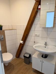 a bathroom with a sink and a toilet and a mirror at Monteurzimmer\Ferienwohnung in Bad Gandersheim