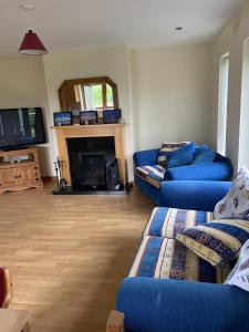 a living room with two blue couches and a fireplace at Breesy Centre Apartment in Donegal