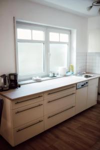 a kitchen with a sink and a large window at FeWoLaqua in Leipzig +10 photos