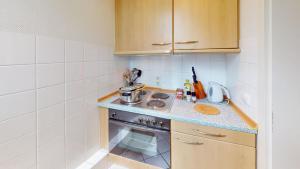 a small kitchen with a stove and a sink at Landhaus Gerdts - 1 in Cuxhaven +9 photos