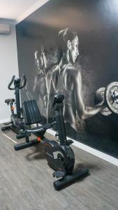 a gym with three exercise bikes in front of a painting at Nohotel Nova Odessa in Nova Odessa