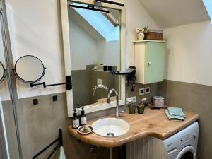 a bathroom with a sink and a mirror at Mauthnerhube Ferienwohnung mit Sauna, Whirlpool, Hüttenfeeling in Sankt Oswald ob Eibiswald +54 photos
