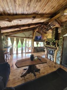 a living room with a table and a fireplace at Cabana Noah Rustic in Vîlcăneşti
