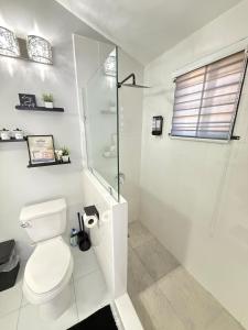 a white bathroom with a toilet and a shower at The Perrys Chateau in Old Harbour +20 photos