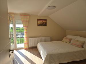 a bedroom with a bed and a large window at Stan na dan Banovci in Stari Banovci