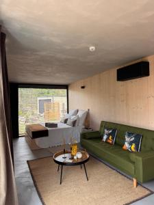 a living room with a green couch and a bed at Riverside Lodges - Serra da Estrela - Chão da Ribeira in Gouveia