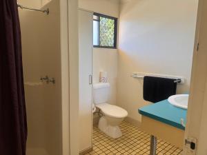 a bathroom with a toilet and a sink and a window at Coyote Inn in Cloncurry