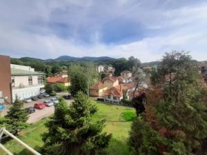 a small town with cars parked in a yard at Apartman Nati in Banja Koviljača