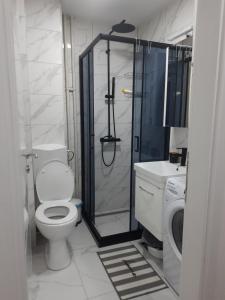 a bathroom with a shower and a toilet and a sink at Apartman Nati in Banja Koviljača