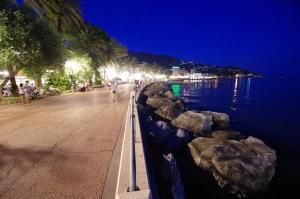 Eine Person, die nachts auf einem Gehweg neben dem Wasser entlanggeht. in der Unterkunft LHP Suite Rapallo in Rapallo