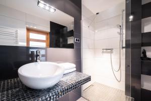 a white bathroom with a sink and a shower at Kopernik Loft Jelenia Góra in Jelenia Góra +7 photos