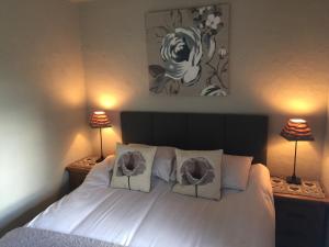 ein Schlafzimmer mit einem großen weißen Bett mit zwei Lampen in der Unterkunft Brookvale Cottage in Downpatrick