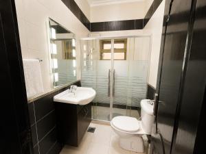 a bathroom with a toilet and a sink and a shower at Cozy Central Secured Compound in Amman