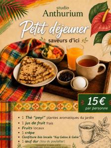 a flyer with a plate of food on a table at Studio Anthurium in Gros-Morne