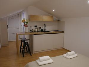 a small kitchen with white cabinets and a counter at Rentalica in Belgrade