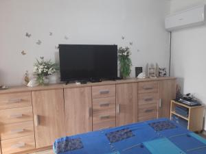 a television on top of a wooden entertainment center at Casa de vacanta Amira in Sfântu Gheorghe +8 photos