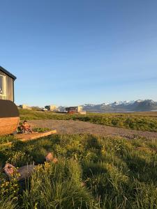 two people laying in the grass in a field at Dis Cottages in Grundarfjordur