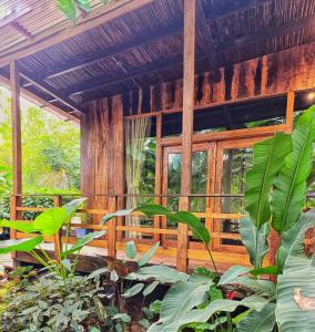 a wooden house with plants in front of it at ANAVÁ Lodge de Selva y Piscina privada in El Soberbio