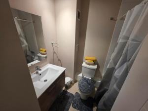 a bathroom with a sink and a toilet and a mirror at Dpto 2D2B Barlovento Brisas del Sol in Talcahuano +3 photos