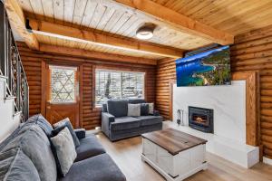 a living room with a couch and a fireplace at Twin Peaks Cabin in South Lake Tahoe