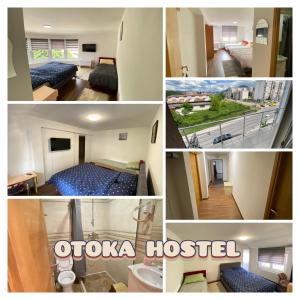 a collage of four pictures of a hotel room at Otoka Hostel in Sarajevo