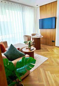 a living room with a couch and a tv at Prestige studio in Maarif
