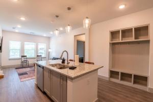 a kitchen with a sink and a counter top at Luxury McKinney Resort Stay Near Universal Kids with Pool & Gym in McKinney +15 photos