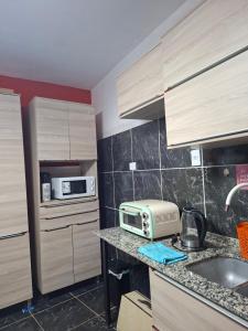 a kitchen with a counter with a toaster and a microwave at Noche Hermosa in Chilecito