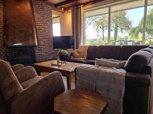a living room with two couches and a fireplace at Genderens Buiten in Genderen