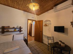 a bedroom with a bed and a television and a table at Agla Studio 2 in Fournoi