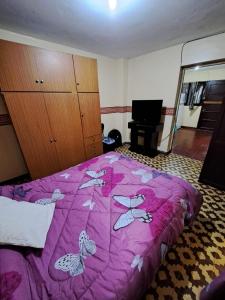 a bedroom with a pink bed with butterflies on it at Tia Clara in San Salvador de Jujuy +7 photos