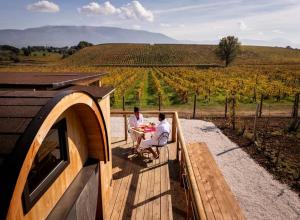 two people sitting at a table on a deck looking at a vineyard at Ámpelos Wine Room in Gallo