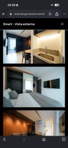 two pictures of a room with a bed and a bathroom at Gave risort Porto life 2 in Porto De Galinhas
