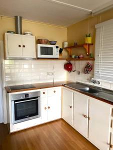 a kitchen with white cabinets and a sink and microwave at Lazy Shanty in American River